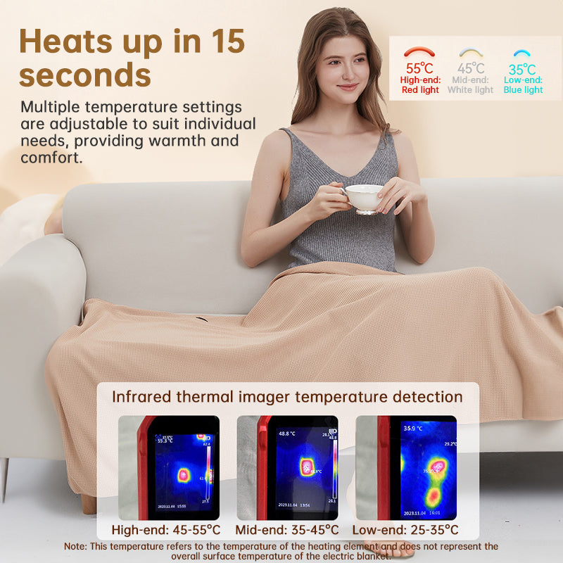 Portable USB electric blanket with 3 heat settings, machine washable design. Ideal for home, office, or travel use.