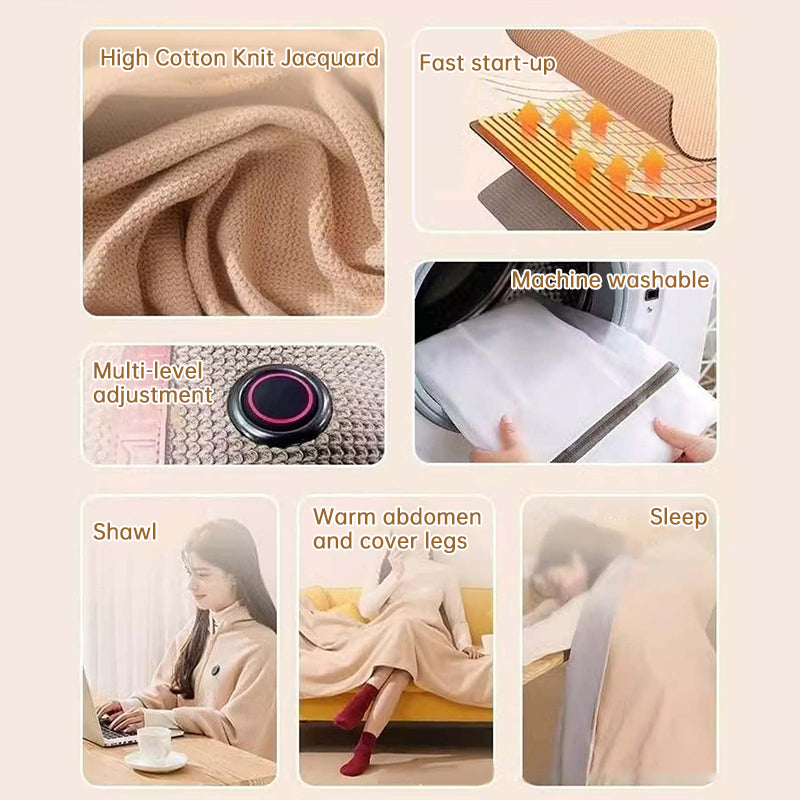 Portable USB electric blanket with 3 heat settings, machine washable design. Ideal for home, office, or travel use.
